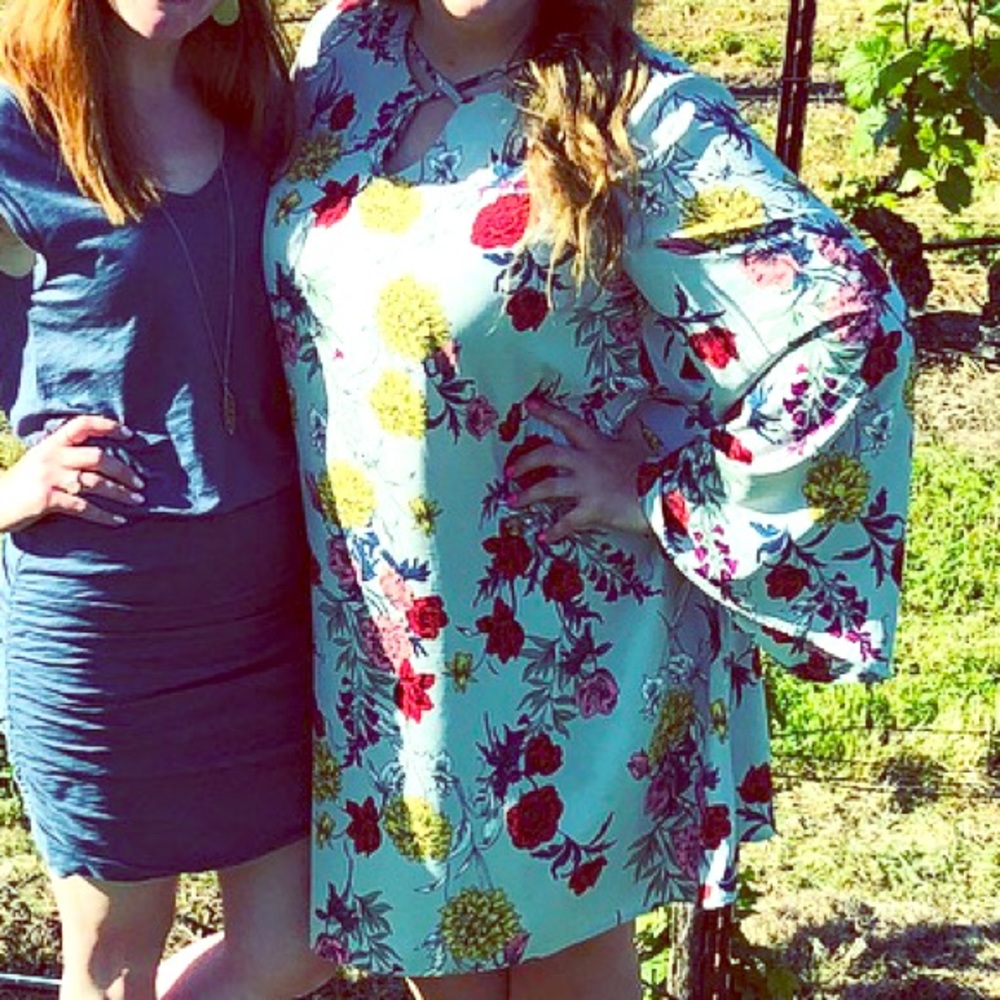 Adorable grey and floral bell sleeve dress